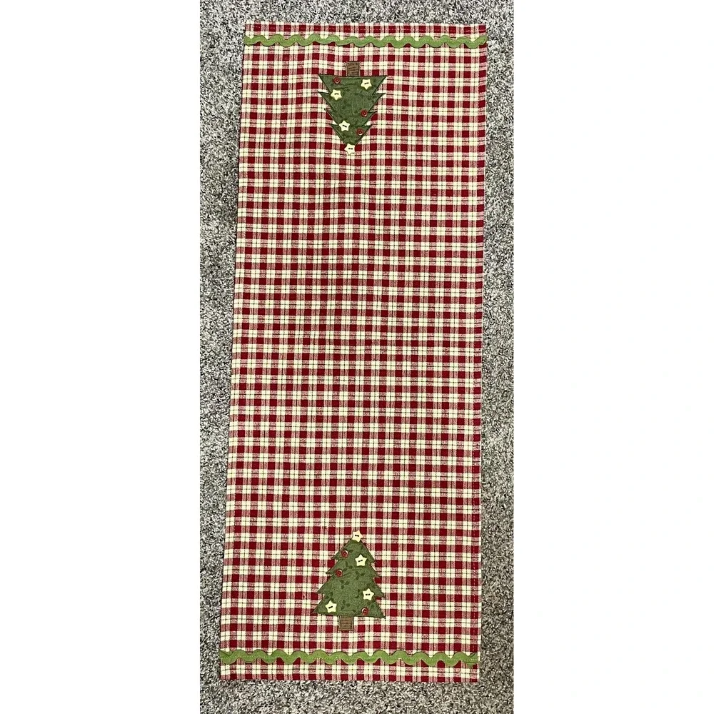 Christmas Tree Table Runner Red Checked Embroidered Country‎ Farmhouse Decor